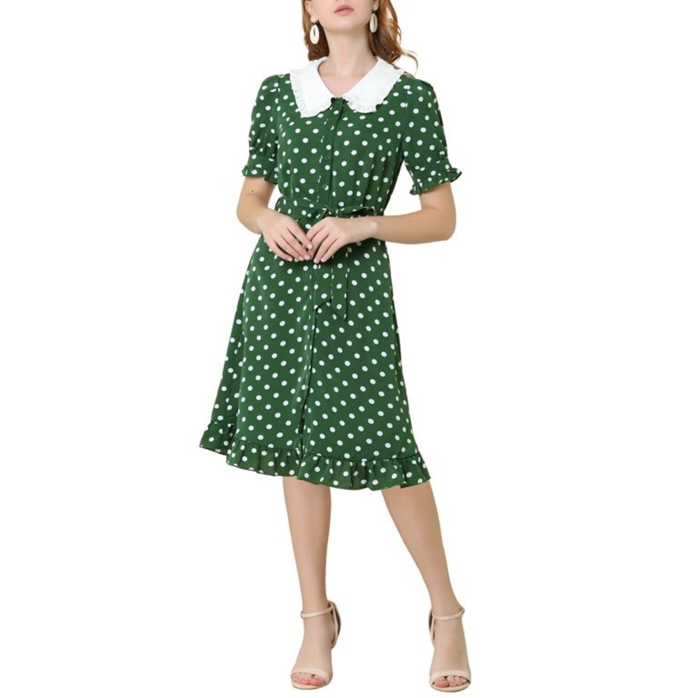 Allegra K Women's Peter Pan Collar Button Down Ruffle Dots Print Dress